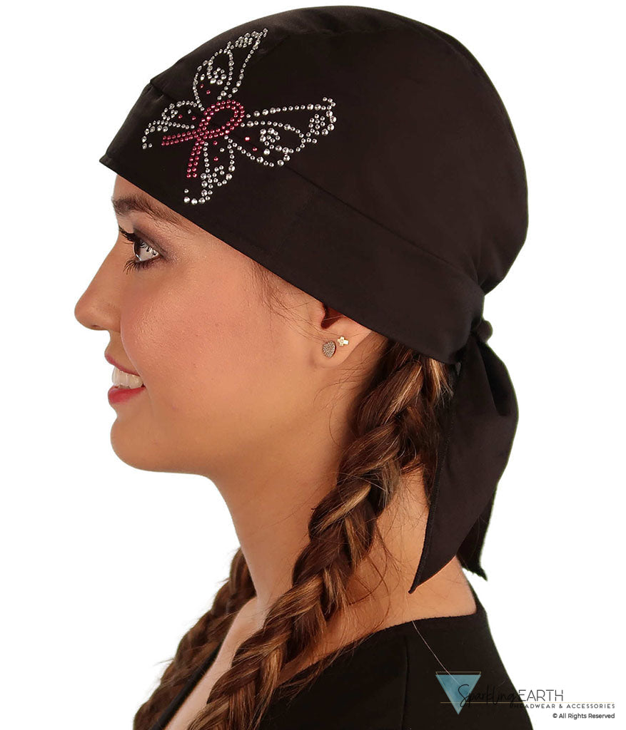 Embellished Classic Skull Cap - Black Skull Cap with Pink Ribbon Butterfly Rhinestud/Stone Design - Classic Skull Caps - Sparkling EARTH