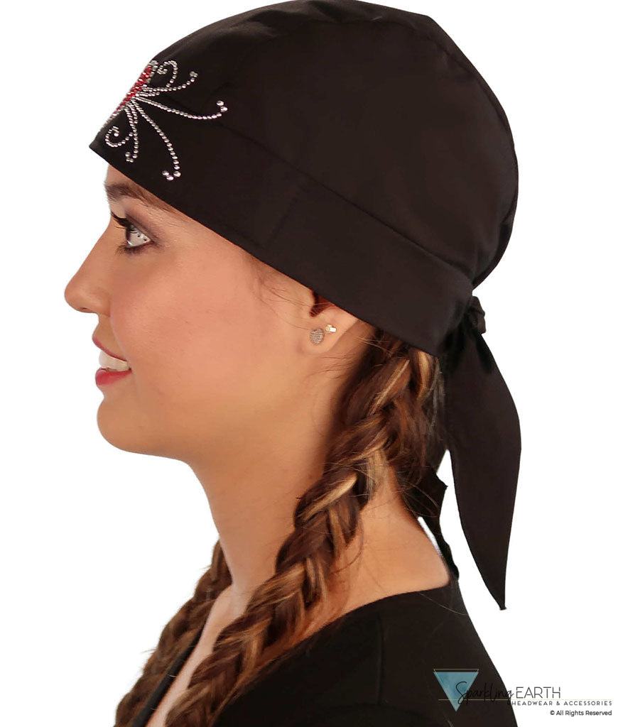 Embellished Classic Skull Cap - Black Skull Cap with Red Heart & Swirls Rhinestud Stone Design - Classic Skull Caps - Sparkling EARTH