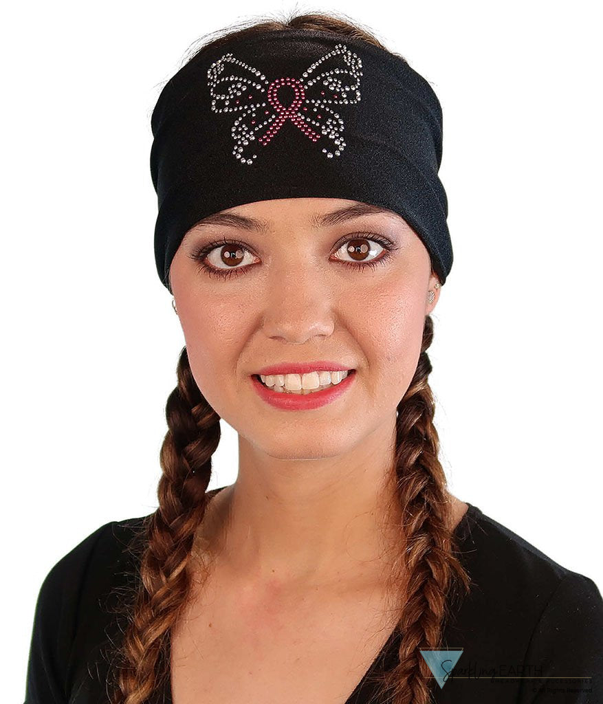 Embellished Stretch Headband - Black Headband with Pink Ribbon Butterfly Rhinestud/Stone Design - Stretch Headbands - Sparkling EARTH