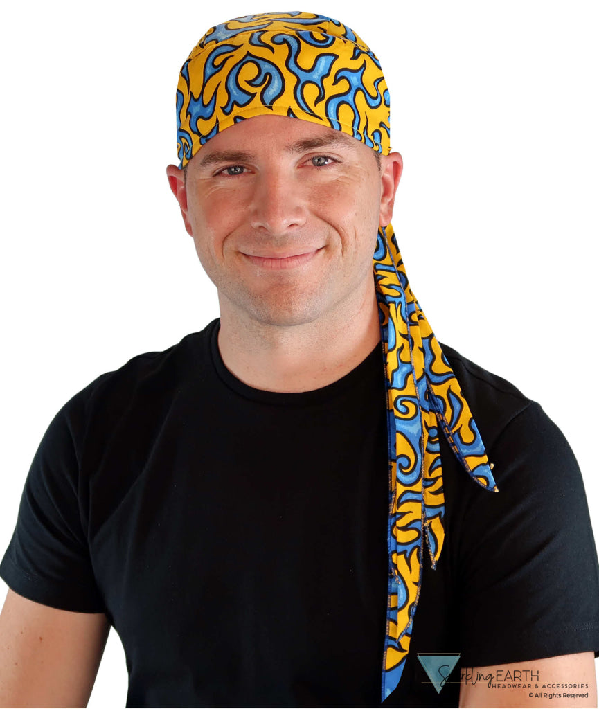 Nomad 10 Skull Cap - Rockstar Style for the Open Road - American Made - Liquid Blue Flames on Yellow Nomad 10 Skull Caps