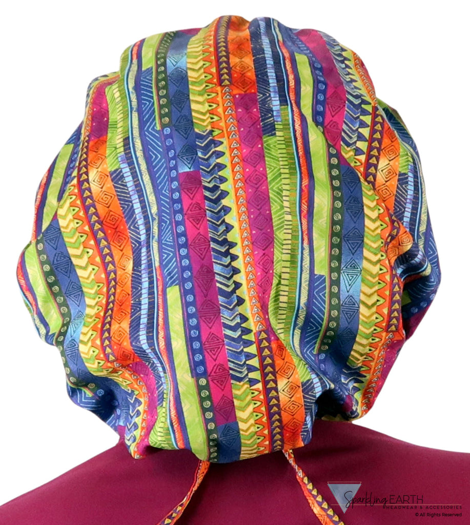 Stylish American Made Banded Bouffant Ponytail Scrub Cap - African Rhythm Banded Bouffant Surgical Scrub Caps