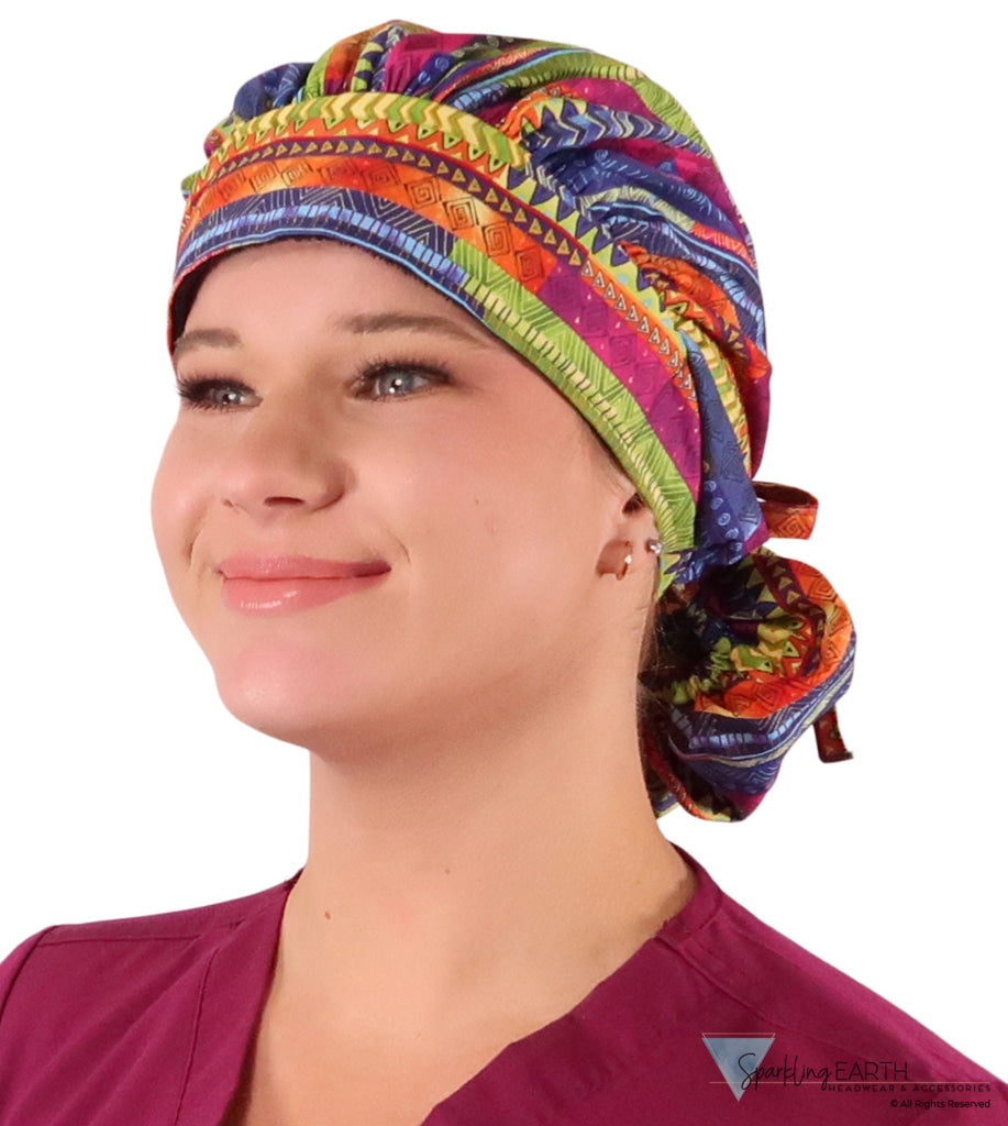 Stylish American Made Banded Bouffant Ponytail Scrub Cap - African Rhythm Banded Bouffant Surgical Scrub Caps