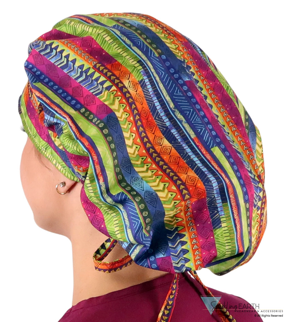 Stylish American Made Banded Bouffant Ponytail Scrub Cap - African Rhythm Banded Bouffant Surgical Scrub Caps