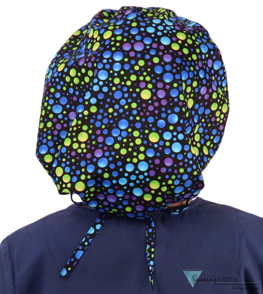 Stylish American Made Banded Bouffant Ponytail Scrub Cap - Blue Green & Purple Dots on Black Designer Banded Bouffant