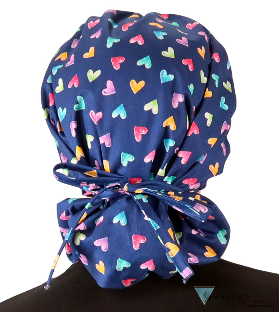 Stylish American Made Banded Bouffant Ponytail Scrub Cap - Candy Heart Parade Banded Bouffant Surgical Scrub Caps
