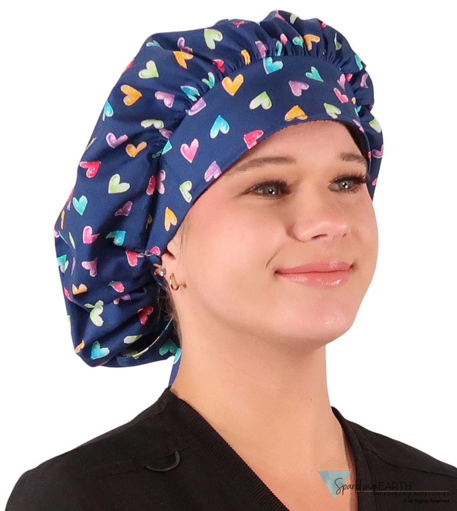Stylish American Made Banded Bouffant Ponytail Scrub Cap - Candy Heart Parade Banded Bouffant Surgical Scrub Caps