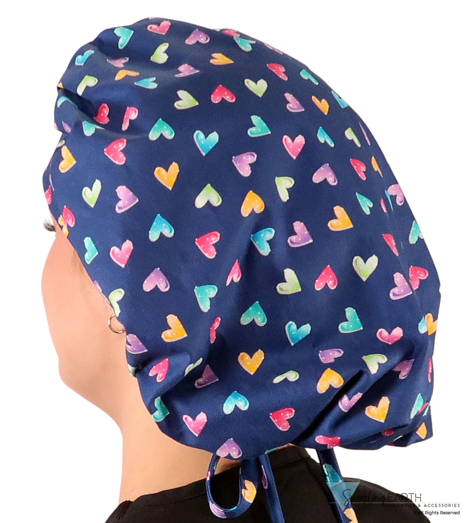 Stylish American Made Banded Bouffant Ponytail Scrub Cap - Candy Heart Parade Banded Bouffant Surgical Scrub Caps