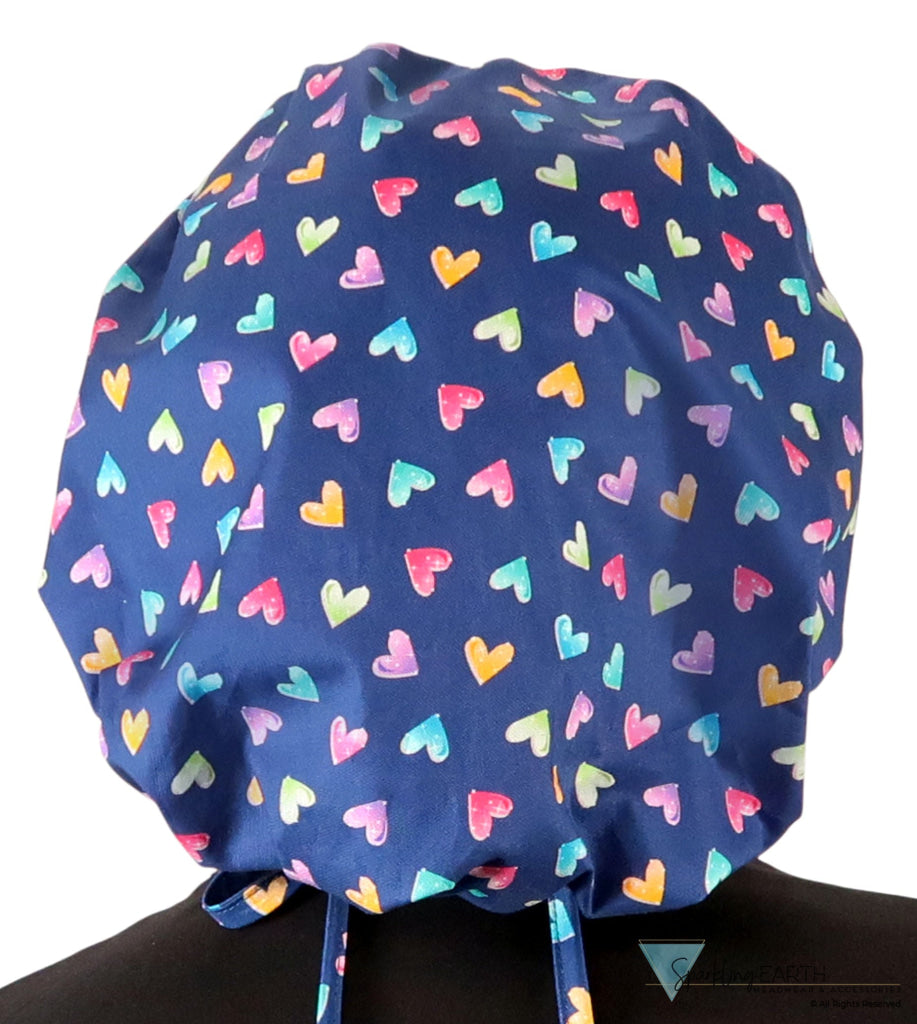 Stylish American Made Banded Bouffant Ponytail Scrub Cap - Candy Heart Parade Banded Bouffant Surgical Scrub Caps