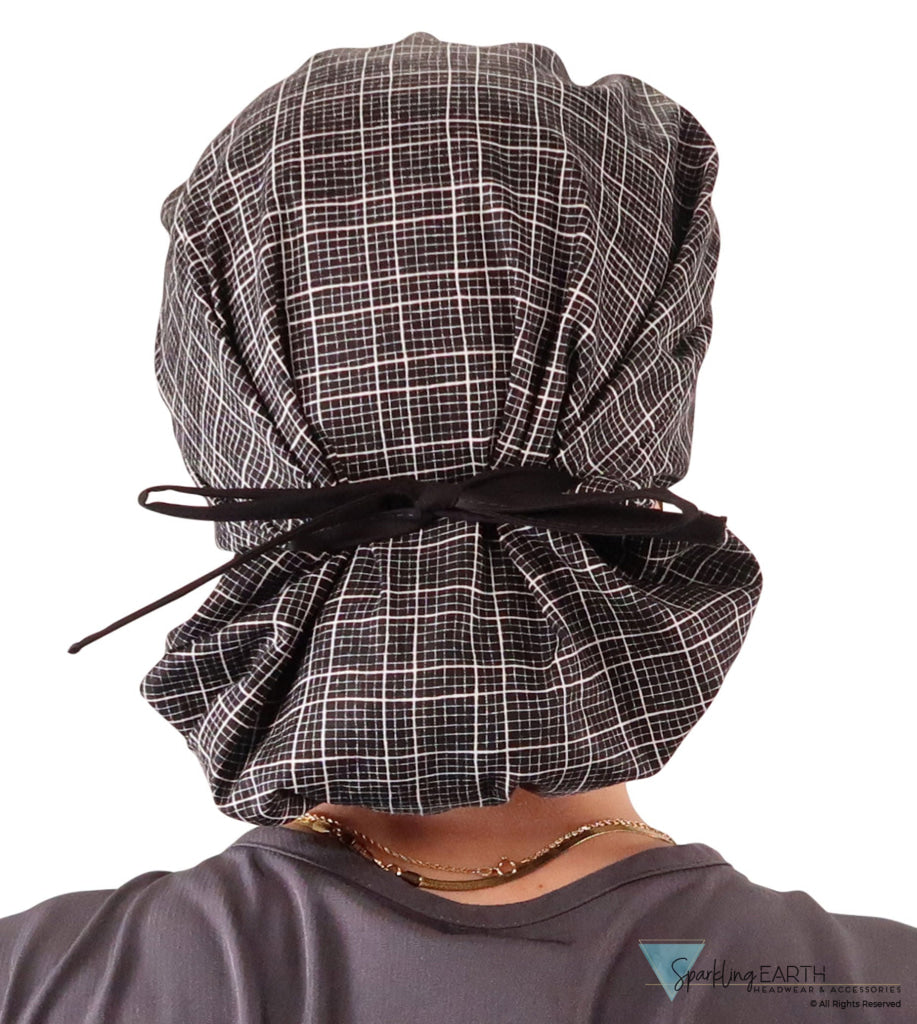 Stylish American Made Banded Bouffant Ponytail Scrub Cap - Check Mate with Black Ties Banded Bouffant Surgical Scrub