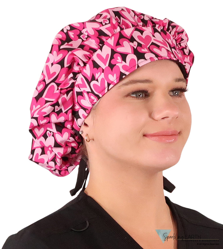Stylish American Made Banded Bouffant Ponytail Scrub Cap - Hearts Forever with Black Ties Banded Bouffant Surgical