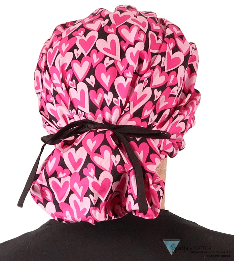Stylish American Made Banded Bouffant Ponytail Scrub Cap - Hearts Forever with Black Ties Banded Bouffant Surgical