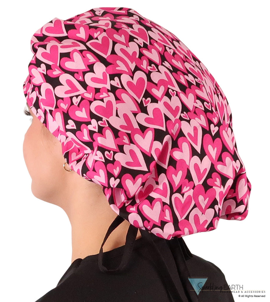 Stylish American Made Banded Bouffant Ponytail Scrub Cap - Hearts Forever with Black Ties Banded Bouffant Surgical