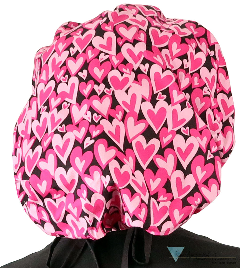 Stylish American Made Banded Bouffant Ponytail Scrub Cap - Hearts Forever with Black Ties Banded Bouffant Surgical