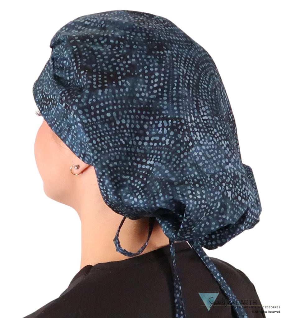 Stylish American Made Banded Bouffant Ponytail Scrub Cap - Midnight Navy Batik Banded Bouffant Surgical Scrub Caps