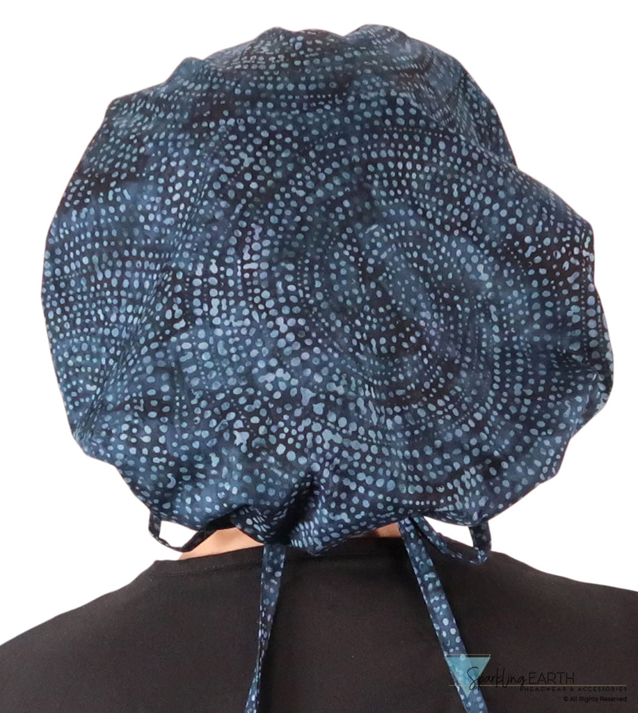 Stylish American Made Banded Bouffant Ponytail Scrub Cap - Midnight Navy Batik Banded Bouffant Surgical Scrub Caps