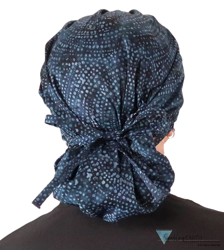 Stylish American Made Banded Bouffant Ponytail Scrub Cap - Midnight Navy Batik Banded Bouffant Surgical Scrub Caps