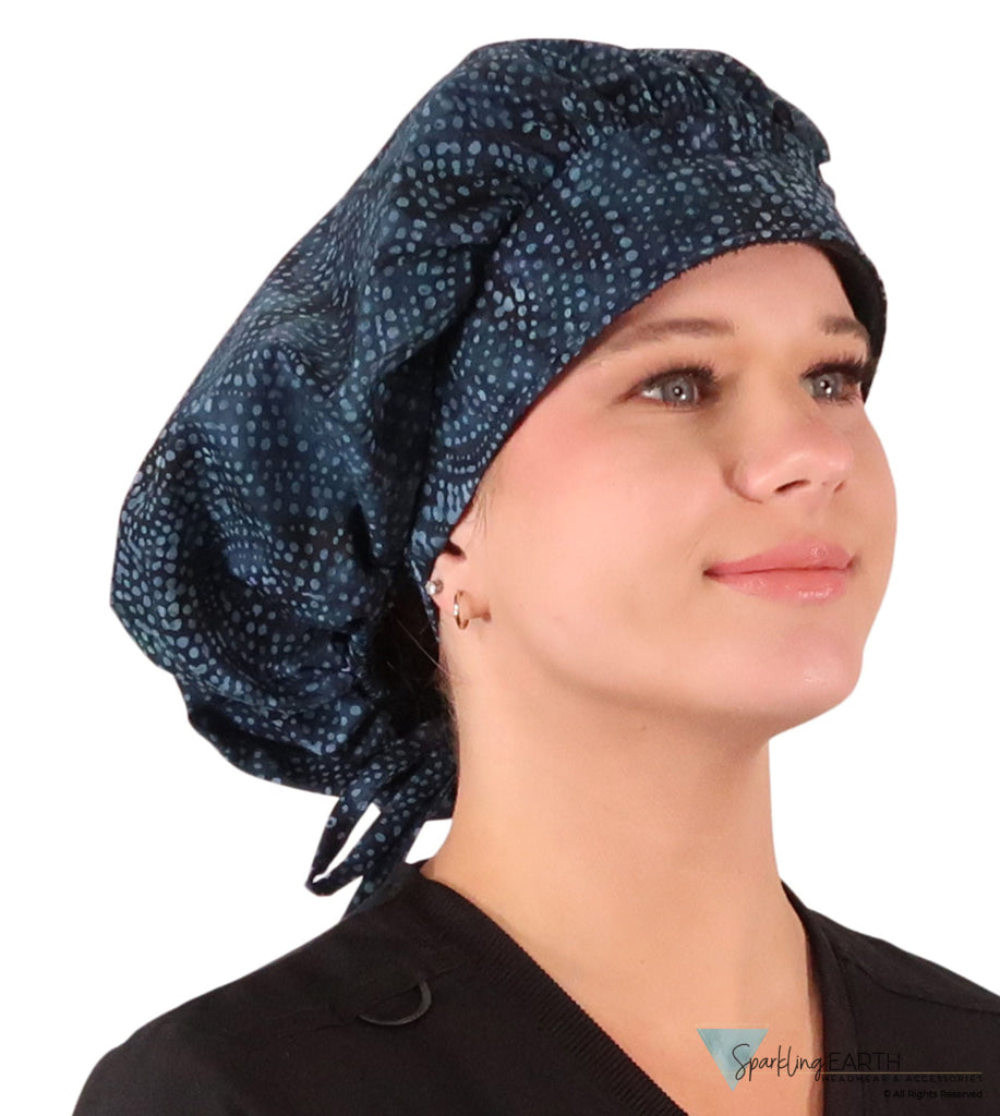 Stylish American Made Banded Bouffant Ponytail Scrub Cap - Midnight Navy Batik Banded Bouffant Surgical Scrub Caps