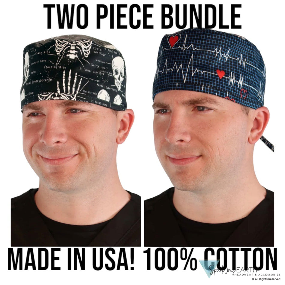 Two Piece Bundle of Heartbeats on Navy and Human Body Skeletons Unisex Surgical Style Scrub Cap - 100% Cotton - Made in