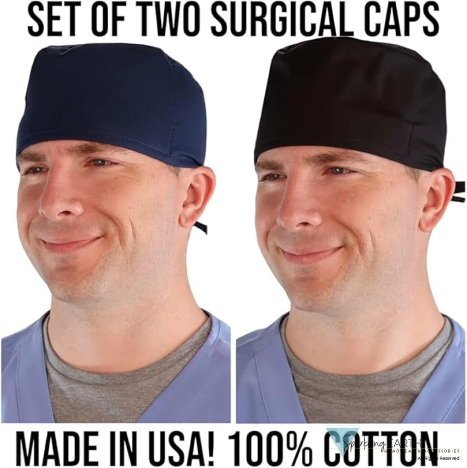 Two Piece Bundle of Solid Black and Navy Blue Unisex Surgical Style Scrub Cap - 100% Cotton - Made in The USA! Surgical