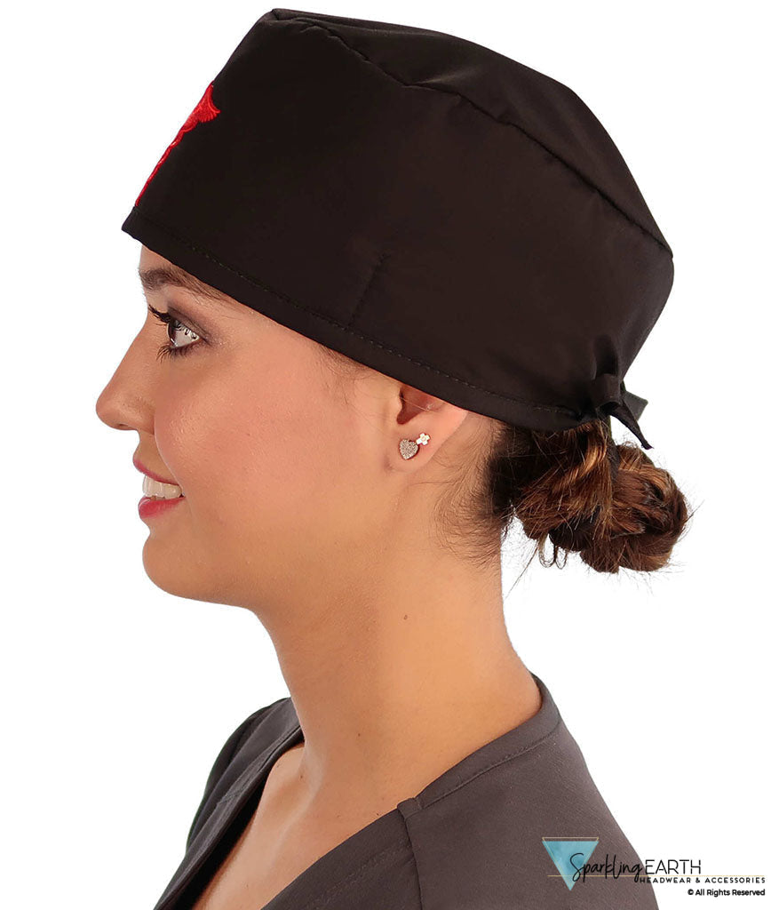 American-Made Cotton Surgical Scrub Cap with Unique Flair - Black Cap with Red Caduceus Patch SALE-Fall-2025