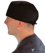 American-Made Cotton Surgical Scrub Cap with Unique Flair - Black Cap with Red Caduceus Patch SALE-Fall-2025