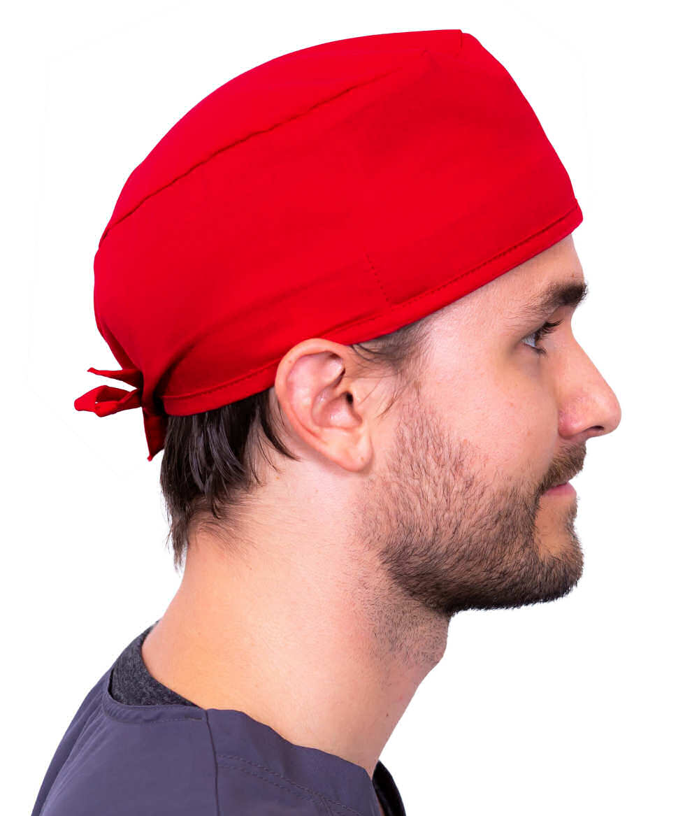 Side Facing View of a Man Wearing a Classic Cotton Surgical Scrub Cap - Red Scrub Cap