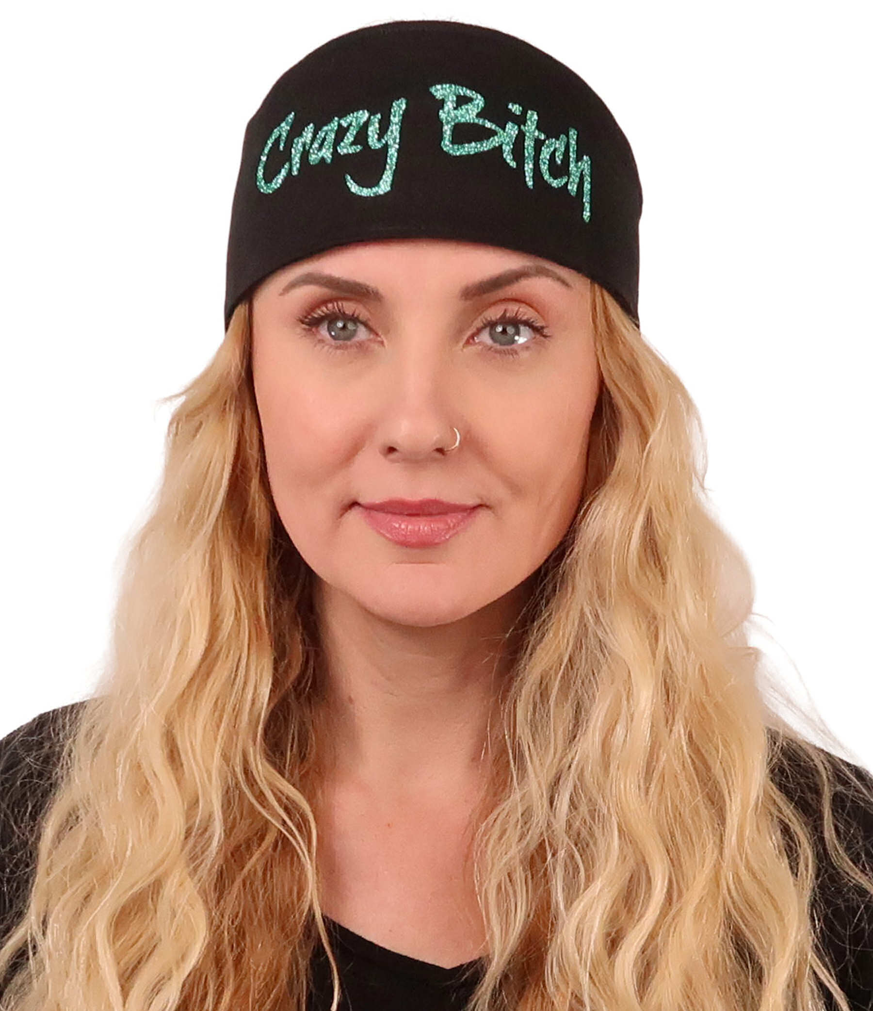 Embellished Chop Top - Black Chop Top with Glitter Teal Crazy Bitch (Imported) - Imported Chop Tops - Sparkling EARTH