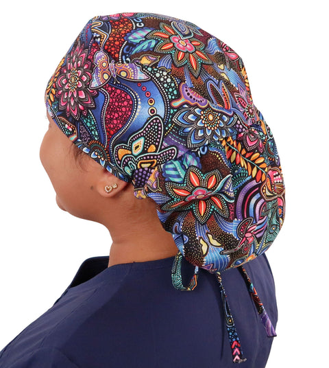 Big Hair Ponytail Surgical Scrub Cap - Perfect Scrub Cap for Long Hair - Nighttime In The Garden