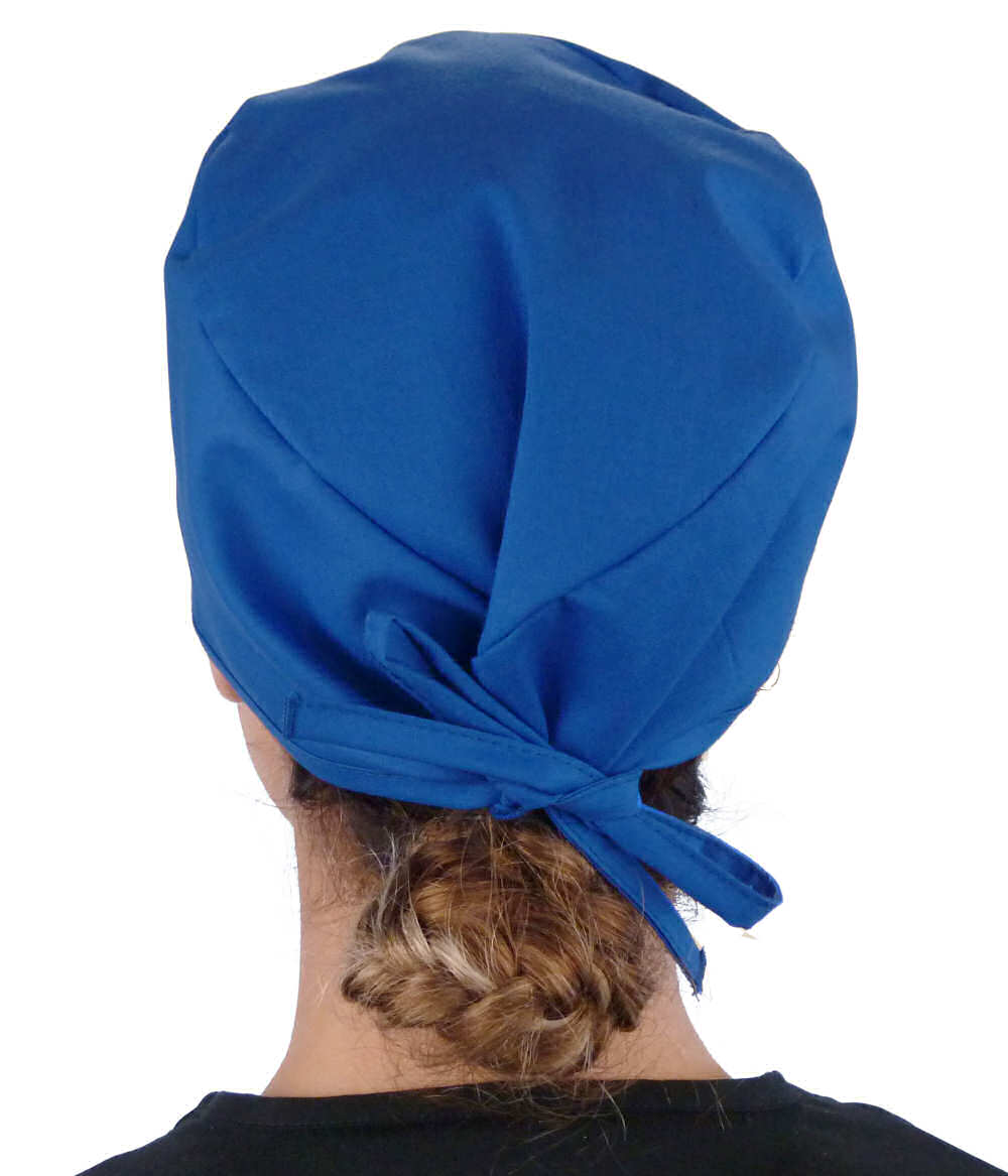 Back Facing View of a Woman Wearing a Classic Cotton Surgical Scrub Cap - Royal Scrub Cap
