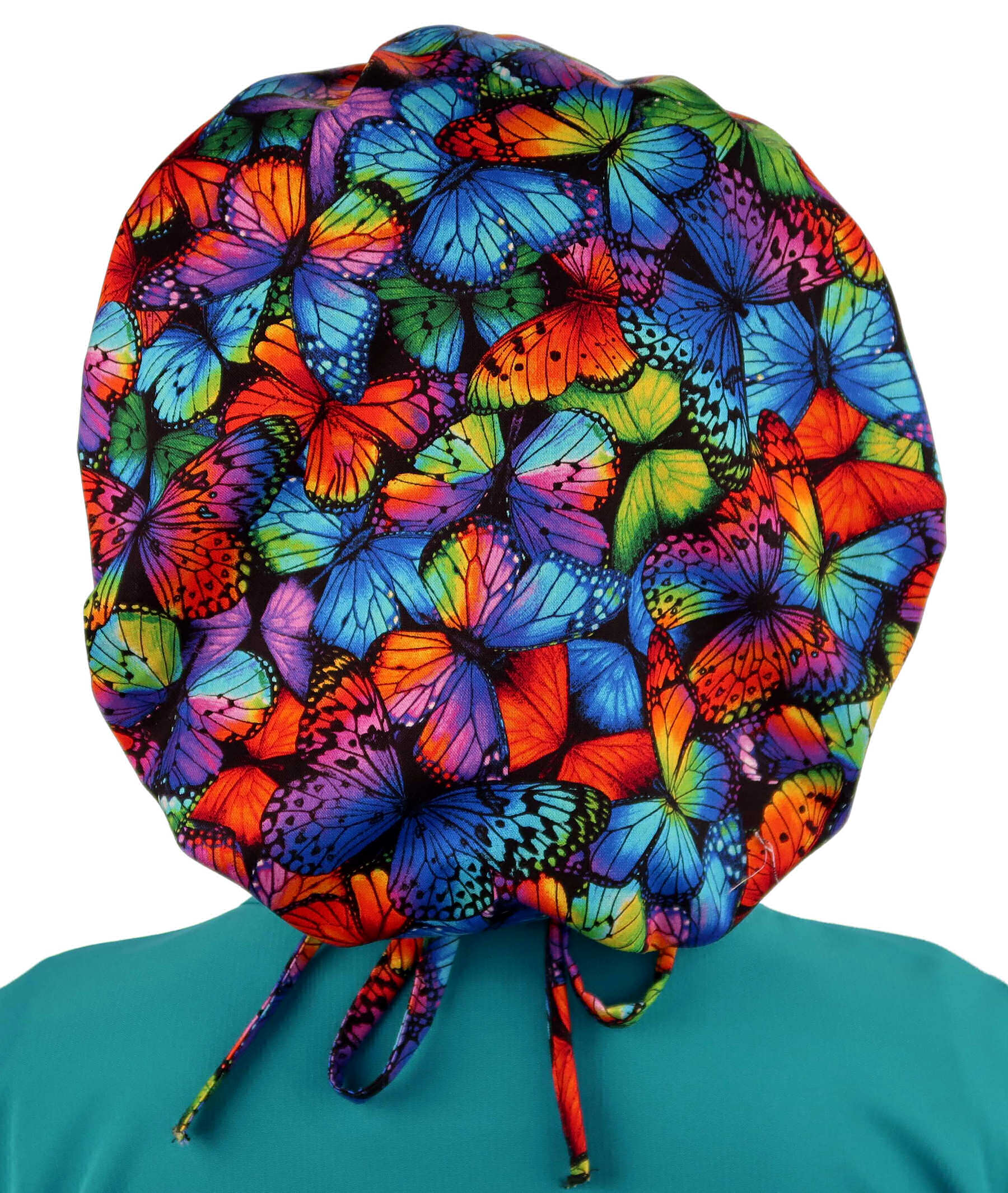 Back Facing Untied View of a Woman Wearing a Banded Bouffant Ponytail Surgical Scrub Cap - Butterfly Me Away Pattern Fabric   