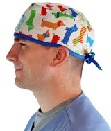 Surgical Scrub Cap - Tossed Wiener Dogs with Royal Ties - Surgical Scrub Caps - Sparkling EARTH