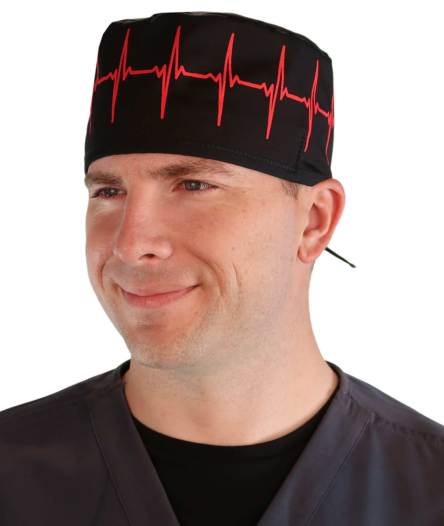 Front Facing View of a man Wearing a Classic Cotton Surgical Scrub Cap - Red EKG (Heartbeat) on Black Pattern.