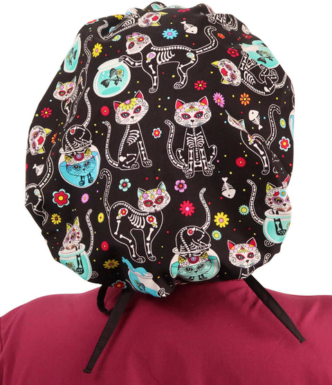 Designer Banded Bouffant Surgical Cap - X - Ray Cats with Black Ties - Designer Banded Bouffant Surgical Caps - Sparkling EARTH