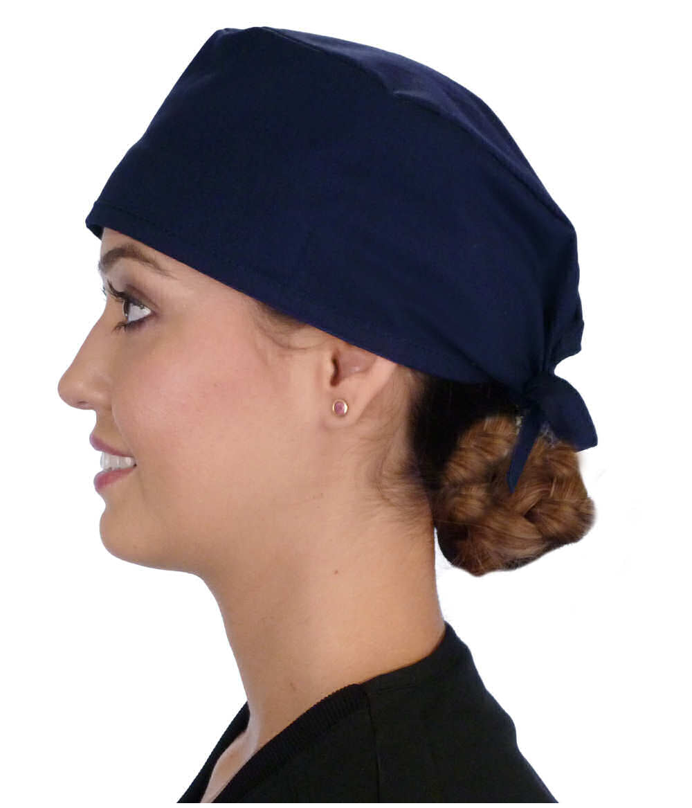 Side Facing View of a Woman Wearing a Classic Cotton Surgical Scrub Cap - Navy Scrub Cap