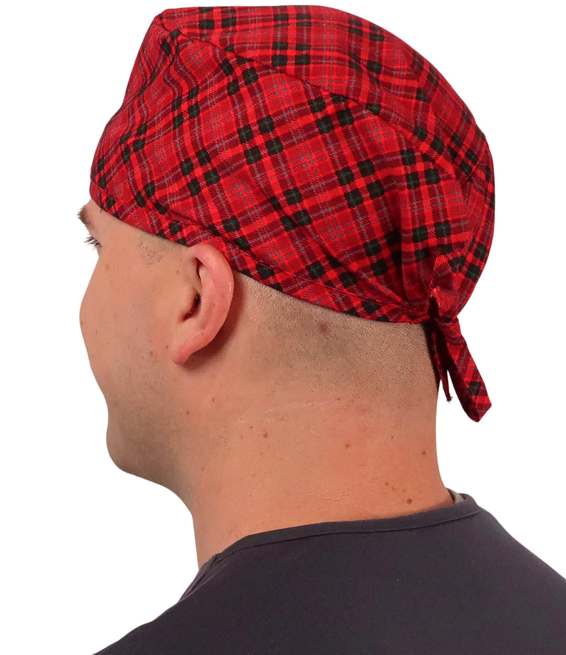 Side Facing View of a Man Wearing a Classic Cotton Surgical Scrub Cap - Winter Plaid Pattern.