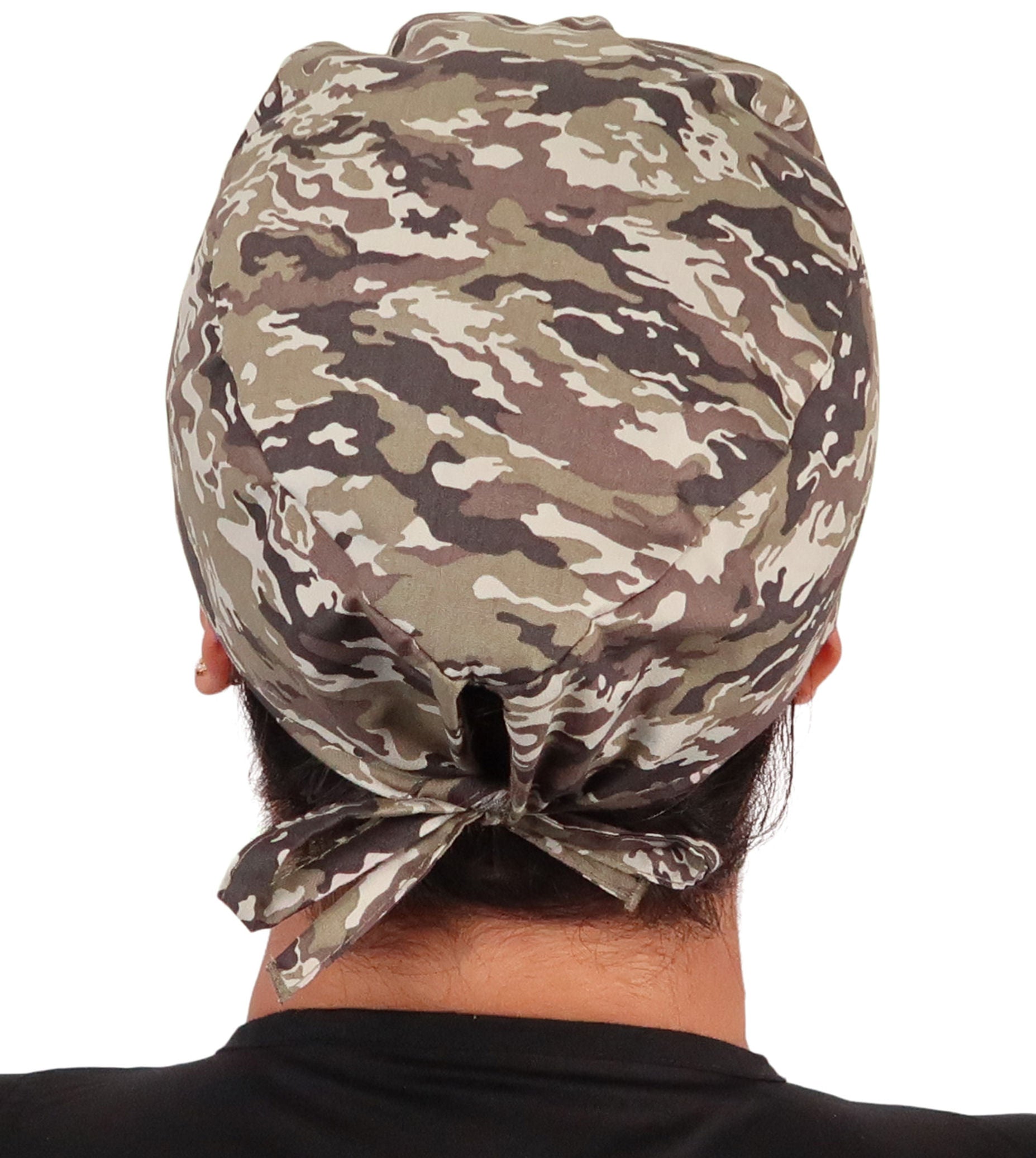 Back Facing View of a Woman Wearing a Classic Cotton Surgical Scrub Cap - Combat Camouflage Pattern.