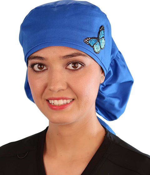 Embellished Big Hair Ponytail Scrub Cap for Long Hair - Made in USA - Royal Blue Big Hair with Blue Butterfly Patch