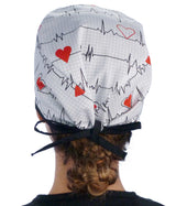 Surgical Scrub Cap - Heartbeats on White with Black Ties