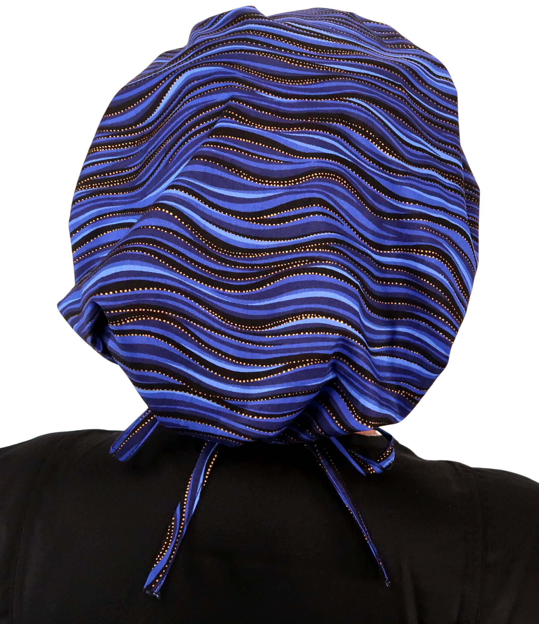 Back Facing Untied View of a Woman Wearing a Banded Bouffant Ponytail Surgical Scrub Cap - Waves of Blue Patterned Fabric 