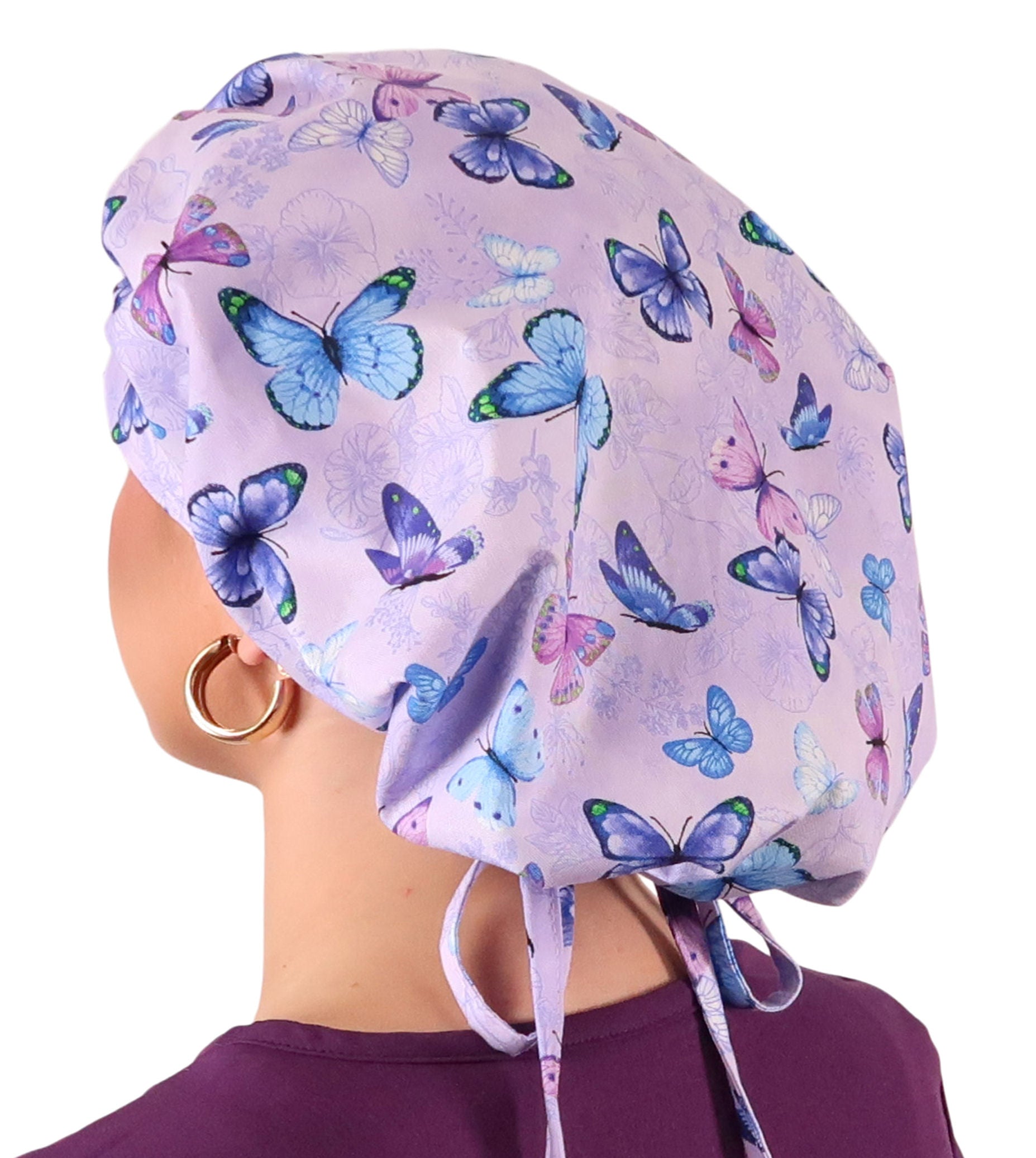 Stylish American Made Banded Bouffant Ponytail Scrub Cap - Lavender Butterfly Whimsy Banded Bouffant Surgical Scrub Caps