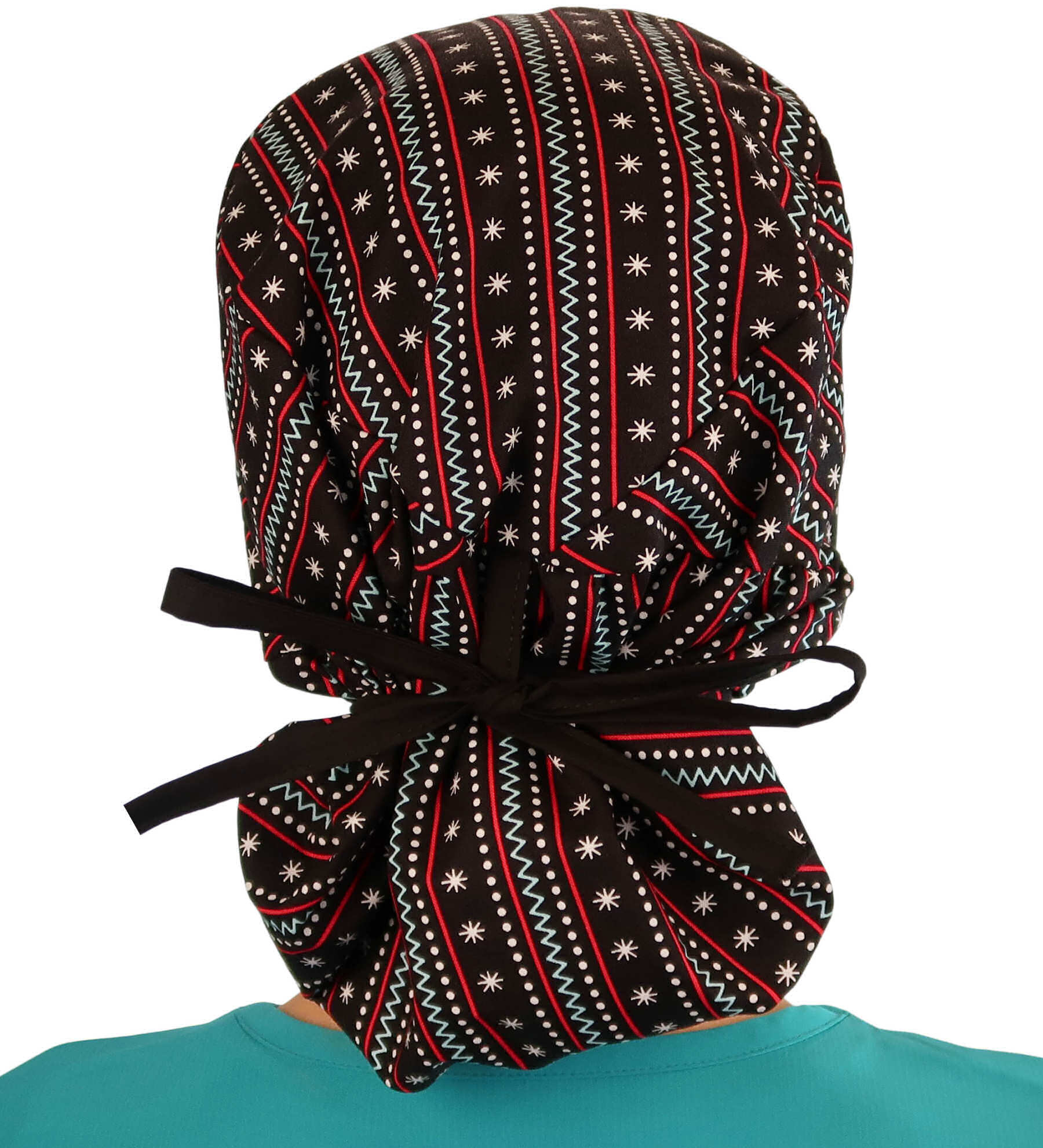 Back facing tied image of a woman in scrubs wearing a Big Hair Ponytail Scrub Cap with a Winter Sweater pattern, and black ties to hold the scrub cap in place.