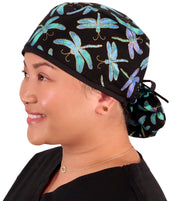 Big Hair Surgical Scrub Cap - Midnight Dragonflies with Black Ties