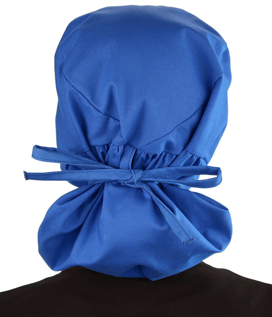 Embellished Big Hair Ponytail Scrub Cap for Long Hair - Made in USA - Royal Blue Big Hair with Blue Butterfly Patch - Big Hair Surgical Scrub Caps - Sparkling EARTH