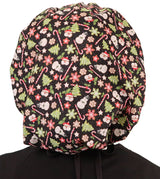 Banded Bouffant Surgical Scrub Cap - Holiday Happiness with Black Ties