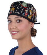 Surgical Cap - Fiesta De Los Muertos with Black Ties