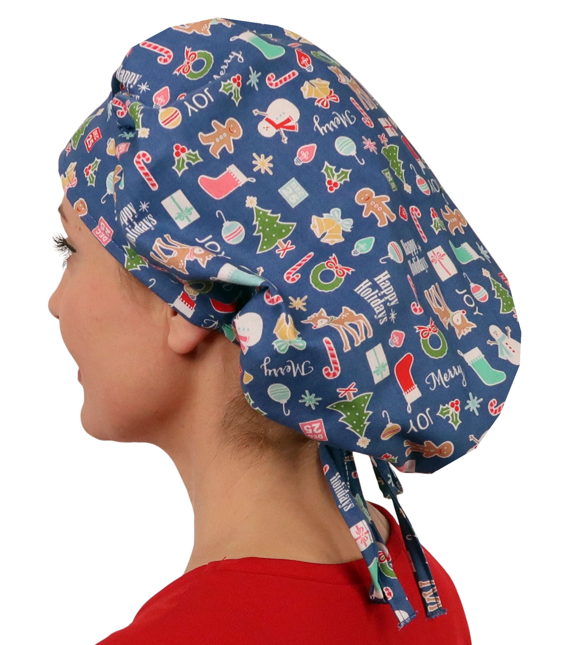 Stylish American Made Banded Bouffant Ponytail Scrub Cap - Holiday Cheer Banded Bouffant Surgical Scrub Caps