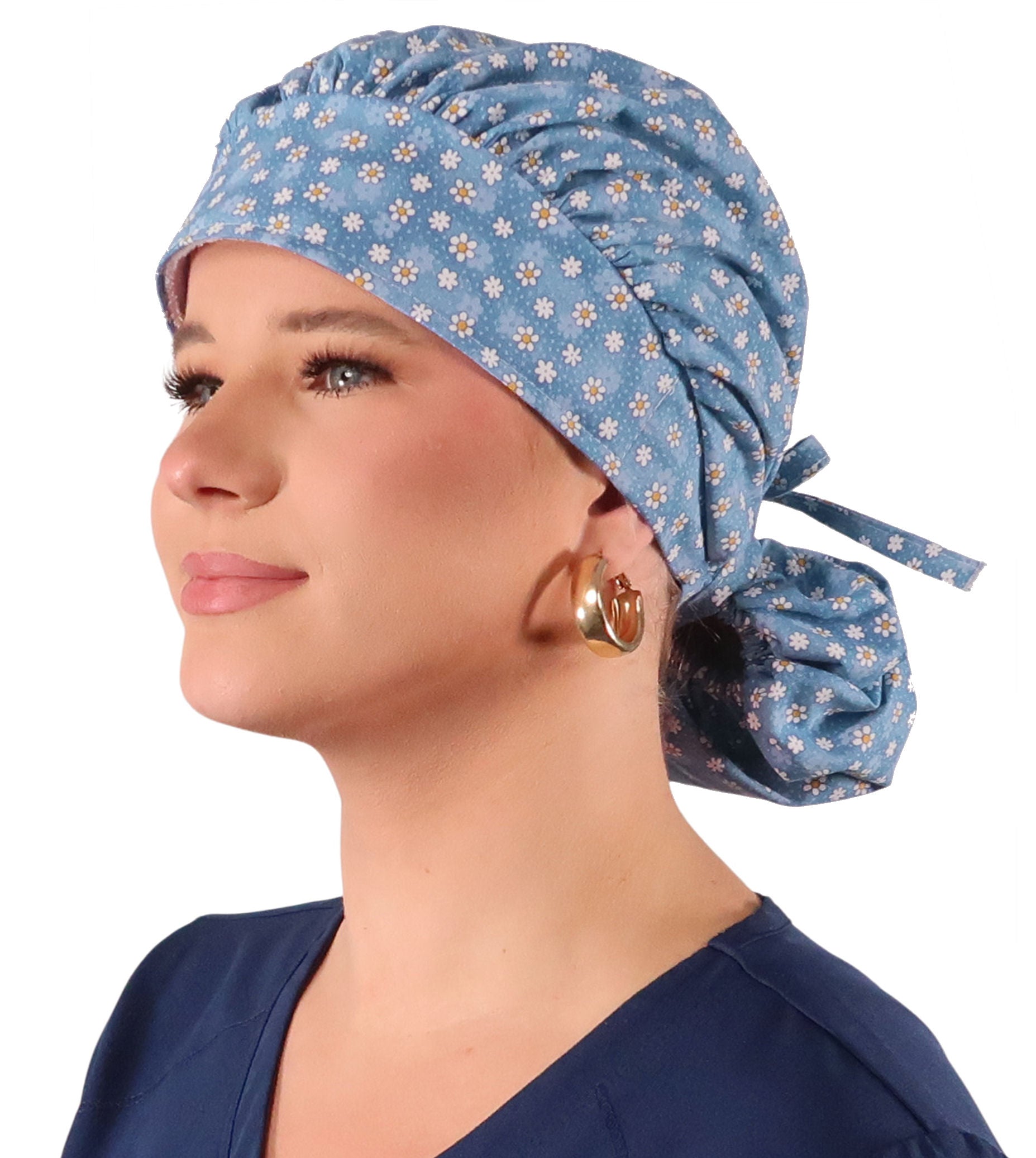 Banded Bouffant Ponytail Scrub Cap - Dainty Daisies Banded Bouffant Surgical Scrub Caps