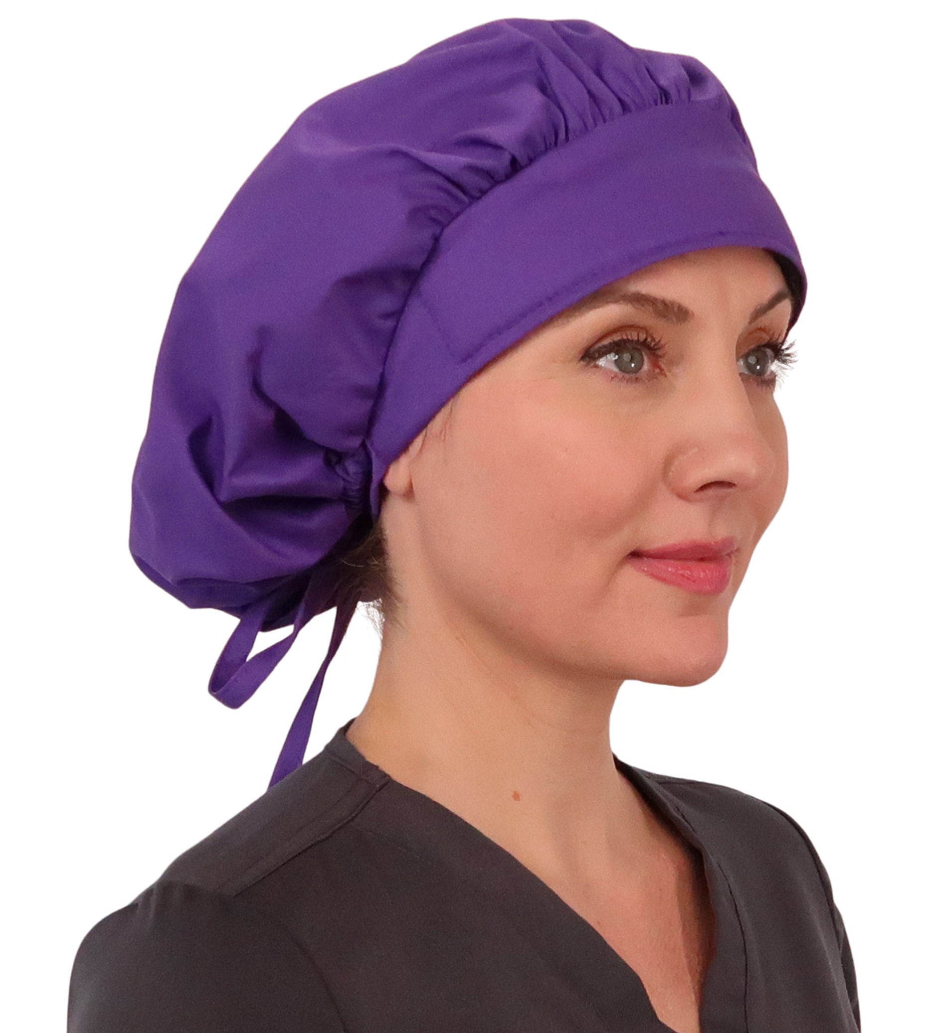 Front Facing Tied View of a Woman Wearing a Tied Back Banded Bouffant Ponytail Surgical Scrub Cap - Solid Purple Fabric