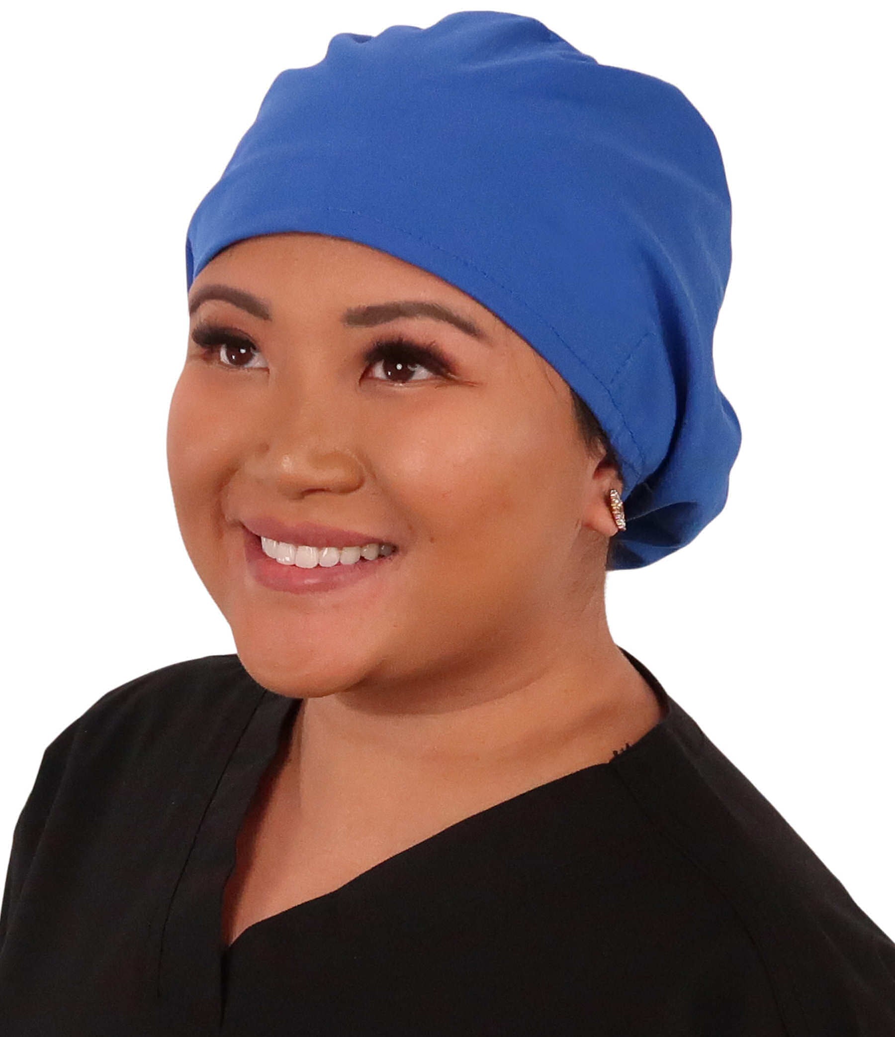 Front facing image of a woman in scrubs wearing a Royal Euro Style Riley Comfort Scrub Cap.