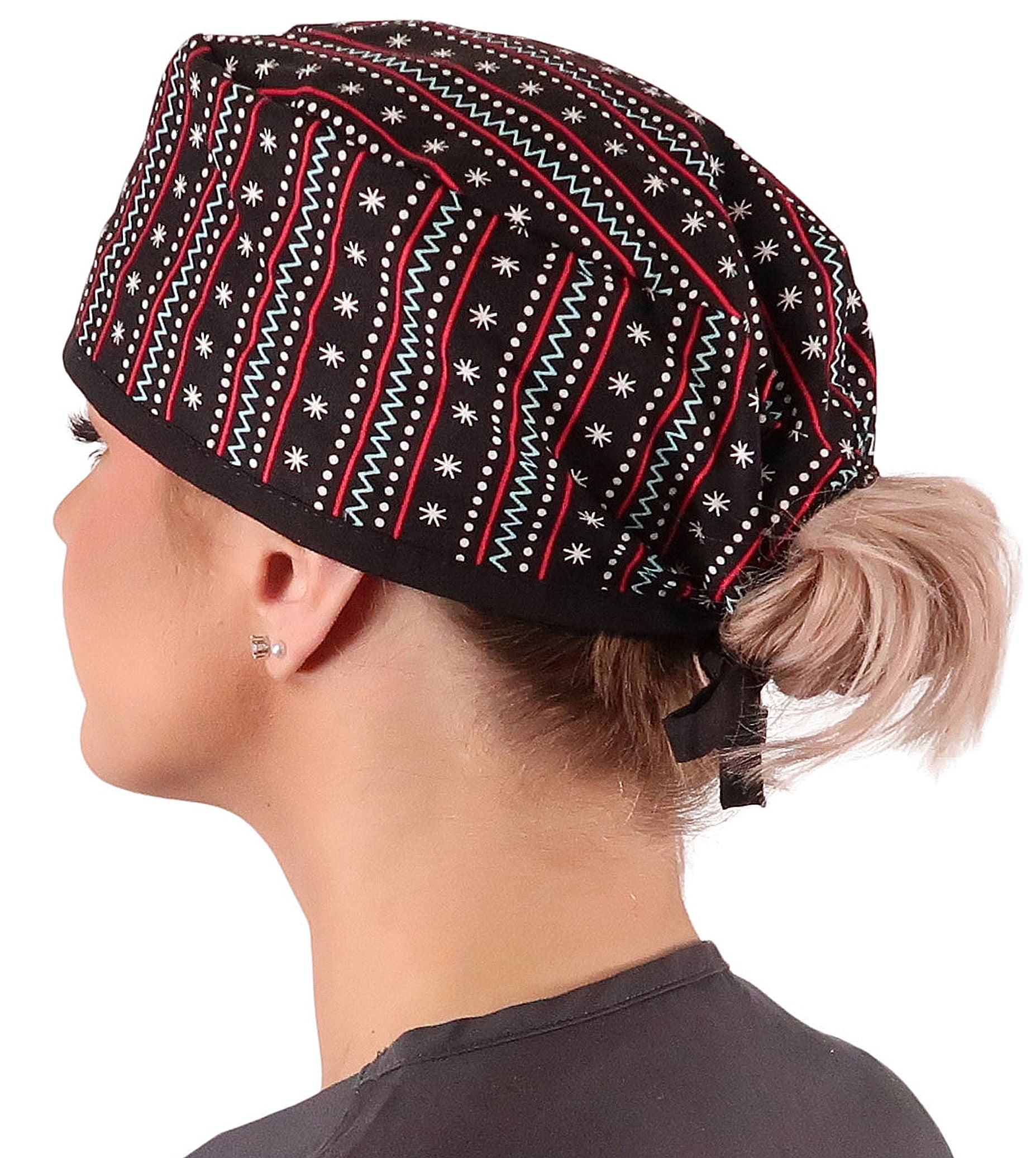 Side Facing View of a Woman Wearing a Classic Cotton Surgical Scrub Cap - Winter Sweater with Black Ties Pattern.